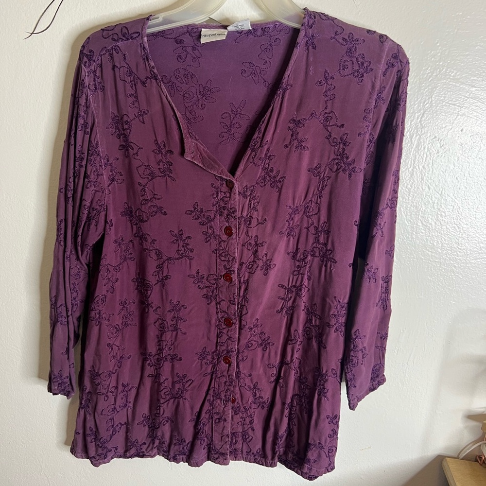 Newport News Purple Embroidered Button Down Shirt